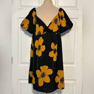 Wild Pony Women’s Black‎ Gold Flower Power Mini Dress Puff Sleeves Size XL 
NWT